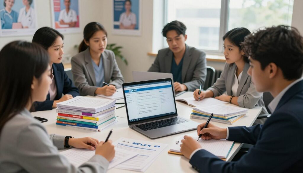 A focused study environment featuring a desk with neatly arranged NCLEX exam prep materials, including practice test booklets and a laptop displaying a realistic practice exam interface. In the foreground, a diverse group of nursing students in professional business attire are engaged in discussion and collaboration, pointing at the computer screen and taking notes. The middle ground shows textbooks and study guides with colorful tabs, emphasizing the notion of comprehensive preparation. The background features a well-lit room with inspirational nursing posters on the walls, a window letting in natural light, creating a warm and motivating atmosphere. Shot from a slightly elevated angle to convey a sense of community and determination, with soft, diffused lighting to enhance focus on the study materials and students.