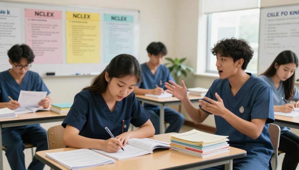 A focused study environment featuring a diverse group of nursing students engaged in reviewing bowtie NCLEX questions. In the foreground, a female student in professional attire is intently writing notes at a desk piled with textbooks and practice questions, while a male student nearby gestures excitedly, discussing key concepts. The middle ground showcases colorful charts depicting NCLEX question types, with a whiteboard displaying pivotal tips for answering bowtie questions. The background includes bright windows with natural light streaming in, enhancing the atmosphere of concentration and collaboration. The scene captures a blend of determination and camaraderie, reflecting the essence of mastering nursing exams. Set in a cozy, well-lit study room with warm tones, shot from a slightly elevated angle for depth.