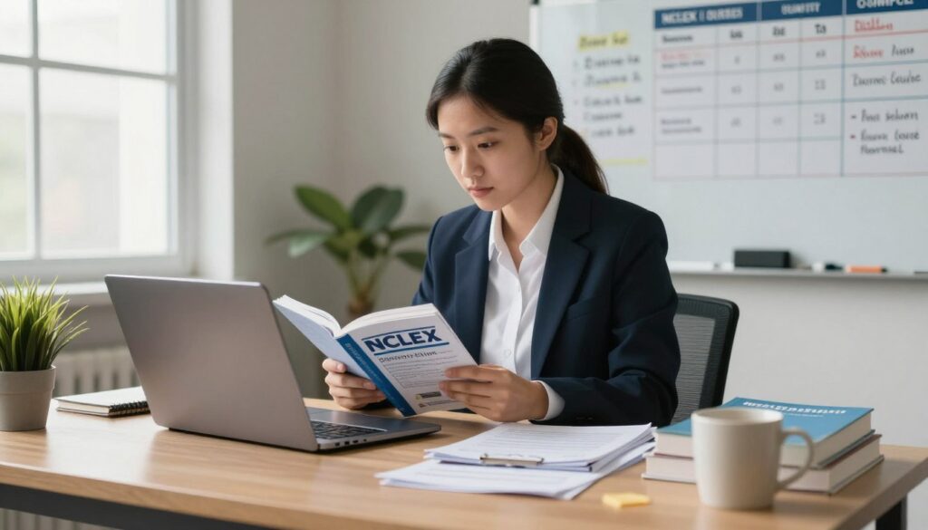 A focused study environment featuring a neatly organized desk with a laptop, NCLEX preparation books, and nursing notes, creating a sense of dedication and ambition. In the foreground, a coffee mug adds warmth, while a potted plant brings a hint of nature. The middle ground shows a student in professional business attire, deeply engaged in reading, reflecting concentration and purpose. Soft, diffused lighting filters through a nearby window, casting gentle shadows and adding depth to the scene. The background includes a whiteboard with study schedules and motivational quotes, enhancing the atmosphere of preparation and determination. The overall mood is one of focus and professionalism, embodying the journey of preparing for the NCLEX. A focused study environment featuring a neatly organized desk with a laptop, NCLEX preparation books, and nursing notes, creating a sense of dedication and ambition. In the foreground, a coffee mug adds warmth, while a potted plant brings a hint of nature. The middle ground shows a student in professional business attire, deeply engaged in reading, reflecting concentration and purpose. Soft, diffused lighting filters through a nearby window, casting gentle shadows and adding depth to the scene. The background includes a whiteboard with study schedules and motivational quotes, enhancing the atmosphere of preparation and determination. The overall mood is one of focus and professionalism, embodying the journey of preparing for the NCLEX.