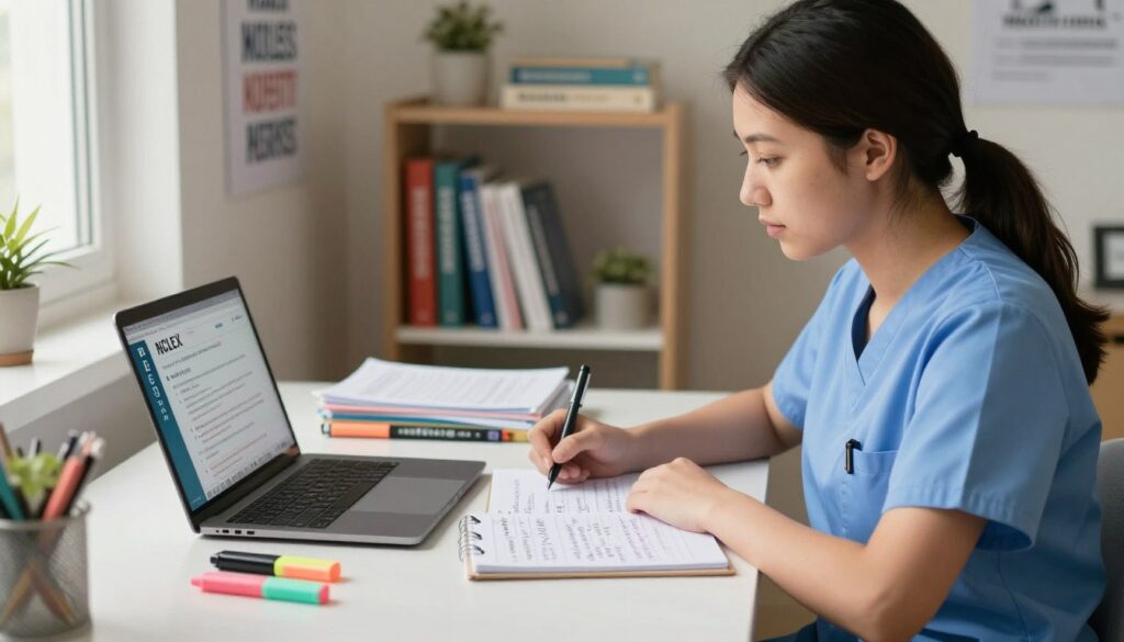 A focused study environment featuring a nursing student in professional attire, seated at a tidy desk surrounded by NCLEX question bank materials and study aids. The foreground includes a laptop open with NCLEX questions displayed, a notepad filled with handwritten notes, and highlighters scattered around. In the middle ground, a bookshelf is filled with nursing textbooks and guides, creating an academic atmosphere. The background softly fades into a well-lit room with a motivational poster about success in nursing on the wall. Warm, natural lighting from a nearby window casts gentle shadows, enhancing the mood of diligent preparation. The overall atmosphere conveys concentration, determination, and a proactive approach to mastering NCLEX content efficiently.