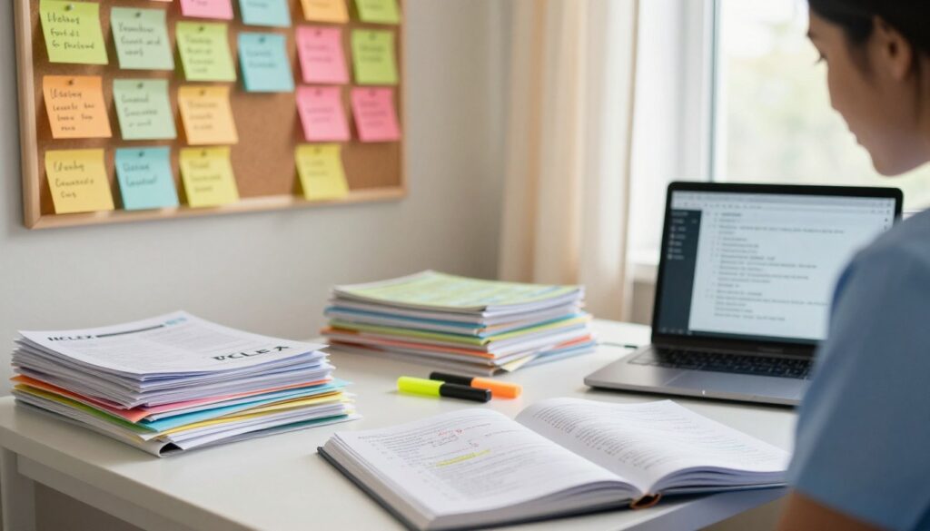 A focused study environment featuring a professional nurse seated at a desk cluttered with NCLEX study materials, including flashcards, highlighters, and a laptop displaying practice questions. In the foreground, a notebook open to a page with well-organized study notes. In the middle ground, a wall-mounted bulletin board filled with colorful sticky notes summarizing key study tips. The background reveals a calm, well-lit room with warm, natural light streaming in through a window adorned with light curtains. The atmosphere is one of productivity and concentration, with an inviting, tranquil feel. Capture the scene with a soft focus and a slight depth of field to emphasize the foreground elements while maintaining clarity throughout the composition. A focused study environment featuring a professional nurse seated at a desk cluttered with NCLEX study materials, including flashcards, highlighters, and a laptop displaying practice questions. In the foreground, a notebook open to a page with well-organized study notes. In the middle ground, a wall-mounted bulletin board filled with colorful sticky notes summarizing key study tips. The background reveals a calm, well-lit room with warm, natural light streaming in through a window adorned with light curtains. The atmosphere is one of productivity and concentration, with an inviting, tranquil feel. Capture the scene with a soft focus and a slight depth of field to emphasize the foreground elements while maintaining clarity throughout the composition.