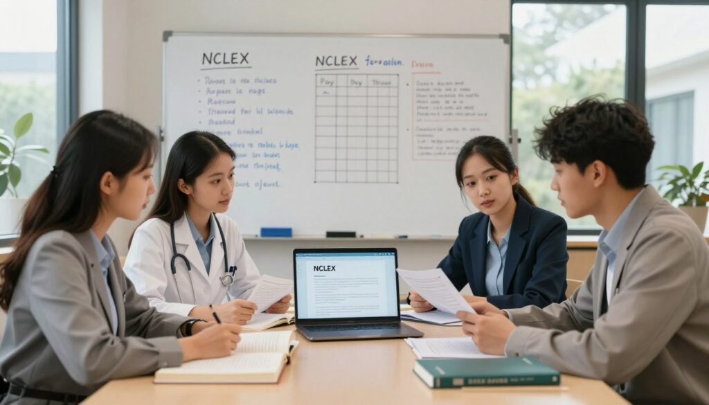 A focused study environment for NCLEX preparation, featuring a diverse group of three medical students—two women and one man—dressed in professional business attire, engaged in a collaborative discussion over NCLEX review materials. In the foreground, a table is scattered with textbooks, notebooks, and a laptop displaying a study program. In the middle, a whiteboard filled with strategic study notes and progress charts enhances the scene, illustrating skill development monitoring. In the background, soft diffused lighting creates a warm and inviting atmosphere, while a large window offers a glimpse of a serene outdoor setting, suggesting a balance between study and relaxation. The composition conveys a sense of progress, teamwork, and focus, ideal for encouraging effective NCLEX preparation.