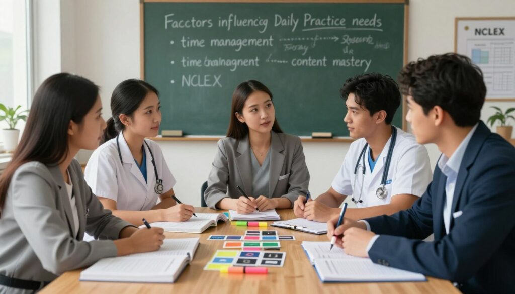 A focused study environment for NCLEX preparation, featuring a wooden desk scattered with nursing textbooks, highlighters, and flashcards. In the foreground, a diverse group of nursing students (two females, one male) are sitting and actively discussing strategies. They are dressed in professional business attire, embodying dedication and collaboration. In the middle background, a chalkboard displays key factors influencing daily practice needs, like “time management” and “content mastery.” Soft, natural lighting filters in through a window, creating a warm atmosphere. The composition emphasizes teamwork and engagement amongst the students, showcasing the importance of interaction in effective studying. The scene is inviting and conveys a sense of determination and focus. A focused study environment for NCLEX preparation, featuring a wooden desk scattered with nursing textbooks, highlighters, and flashcards. In the foreground, a diverse group of nursing students (two females, one male) are sitting and actively discussing strategies. They are dressed in professional business attire, embodying dedication and collaboration. In the middle background, a chalkboard displays key factors influencing daily practice needs, like “time management” and “content mastery.” Soft, natural lighting filters in through a window, creating a warm atmosphere. The composition emphasizes teamwork and engagement amongst the students, showcasing the importance of interaction in effective studying. The scene is inviting and conveys a sense of determination and focus.