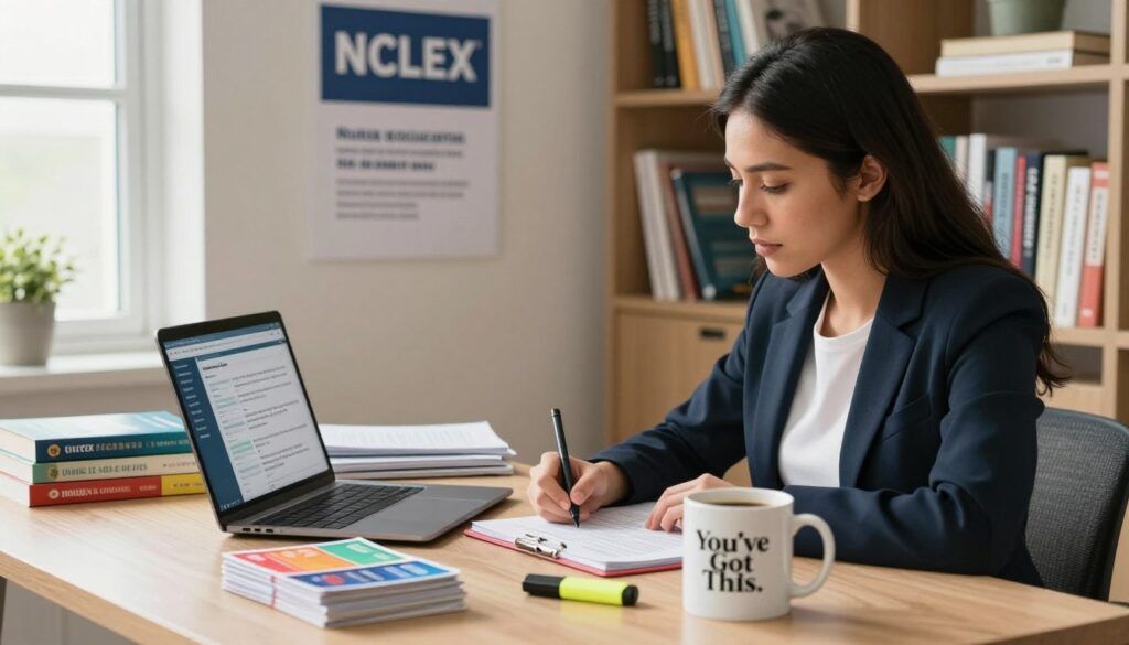 A focused study environment for NCLEX preparation, featuring a young woman in professional business attire, sitting at a well-organized desk with NCLEX study materials, textbooks, and a laptop open with preparation software. In the foreground, a stack of colorful flashcards and a highlighter sit beside her focusing on a coffee mug labeled “You’ve Got This.” The middle ground includes a wall with motivational posters about nursing excellence and study tips. The background shows a bookshelf filled with nursing resources and a window letting in soft, natural light, creating a calm and productive atmosphere. The scene conveys dedication, motivation, and the importance of utilizing study resources effectively, captured with a warm, inviting tone. A focused study environment for NCLEX preparation, featuring a young woman in professional business attire, sitting at a well-organized desk with NCLEX study materials, textbooks, and a laptop open with preparation software. In the foreground, a stack of colorful flashcards and a highlighter sit beside her focusing on a coffee mug labeled “You’ve Got This.” The middle ground includes a wall with motivational posters about nursing excellence and study tips. The background shows a bookshelf filled with nursing resources and a window letting in soft, natural light, creating a calm and productive atmosphere. The scene conveys dedication, motivation, and the importance of utilizing study resources effectively, captured with a warm, inviting tone.