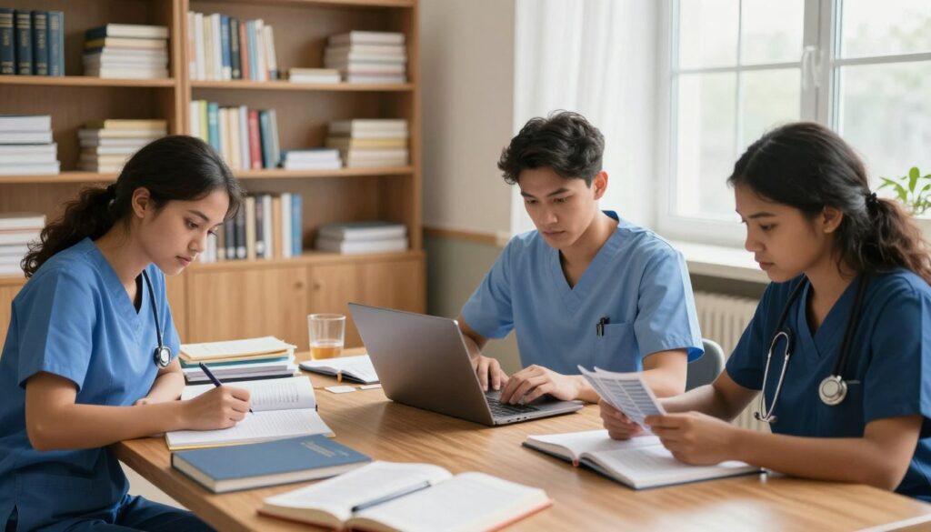 A focused study environment for nursing students preparing for the NCLEX exam. In the foreground, a diverse group of three students in professional attire, studying at a large wooden table filled with textbooks, notebooks, and study materials. One student is highlighting notes, another is typing on a laptop, and the third is reviewing flashcards. In the middle ground, shelves lined with nursing-related books and resources create an organized and scholarly atmosphere. In the background, a soft-lit window lets in natural light, illuminating the scene with a warm glow. The overall mood is one of determination and focus, emphasizing the seriousness and commitment to mastering nursing knowledge.