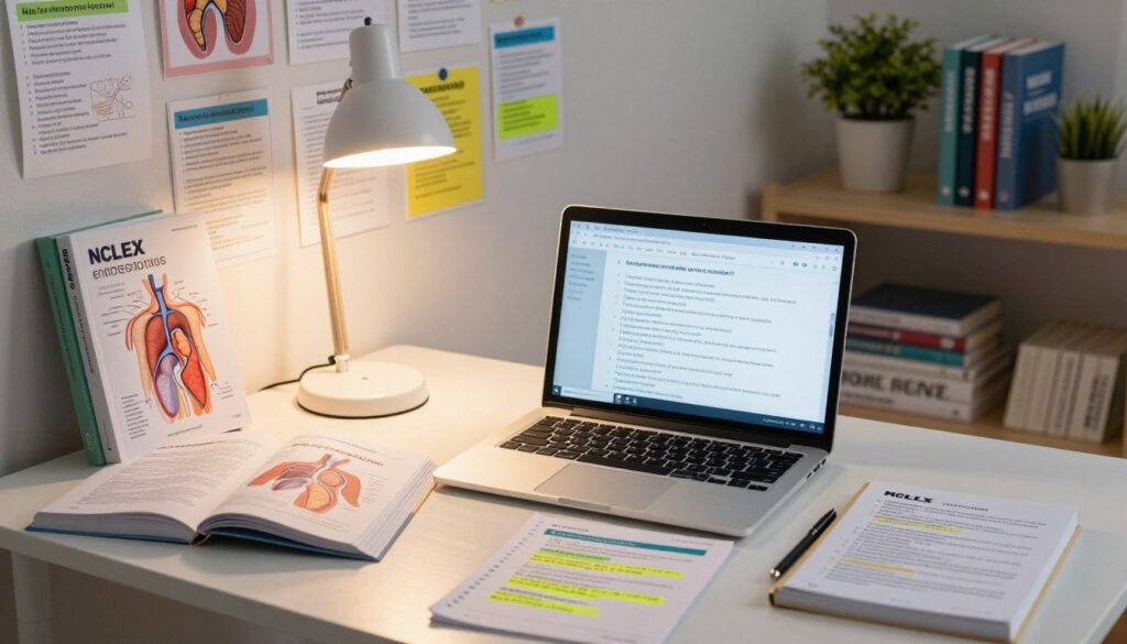 A focused study environment illustrating NCLEX endocrine disorders preparation. In the foreground, a neatly organized study table with textbooks, diagrams of the endocrine system, and highlighted notes. A laptop displays NCLEX practice questions, illuminated by warm desk lamp lighting. In the middle ground, a wall filled with colorful flashcards outlining key endocrinology concepts and visual aids. The background features a cozy study space with a shelf of nursing textbooks and a potted plant, adding a touch of warmth. The scene is captured from a slightly elevated angle, conveying a sense of productivity and focus, with soft, natural lighting enhancing an atmosphere of calm and determination.