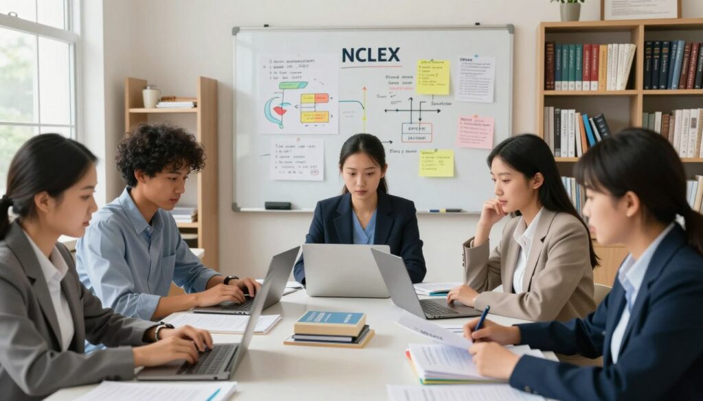 A focused study environment illustrating effective preparation strategies for the NCLEX, emphasizing the importance of practicing questions. In the foreground, a diverse group of nursing students, wearing professional business attire, are gathered around a table filled with NCLEX study materials, laptops, and practice question books. Their expressions reflect concentration and determination. The middle layer features a whiteboard displaying colorful diagrams and notes about effective study techniques, while a few index cards with practice questions are scattered around. The background shows a well-lit study room with bookshelves filled with medical textbooks, a window letting in natural light, and elements of a coffee break, creating an encouraging and motivated atmosphere. Soft, warm lighting brightens the space, enhancing focus and productivity.