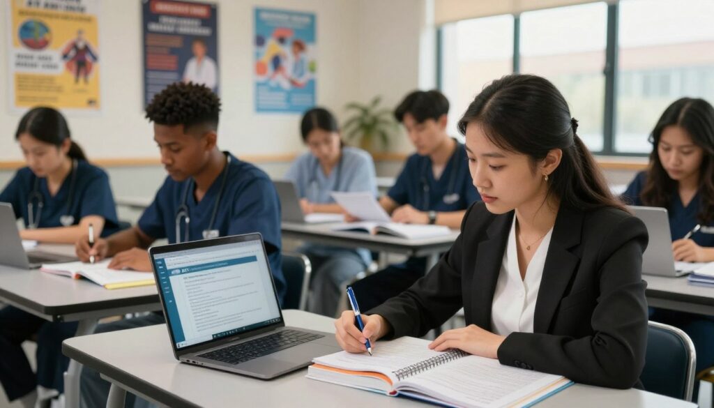 A focused study environment in a modern classroom setting, featuring a diverse group of nursing students, deep in concentration as they prepare for the ATI Exam, which is crucial for passing the NCLEX. In the foreground, a young woman wearing professional business attire is taking notes, surrounded by textbooks and a laptop displaying ATI study materials. The middle layer shows several students collaborating over study guides, highlighting teamwork and determination. The background features motivational posters on the walls and a large window letting in warm, natural light, creating a positive and inspiring atmosphere. The image conveys a sense of purpose and dedication, emphasizing camaraderie and the importance of preparation.