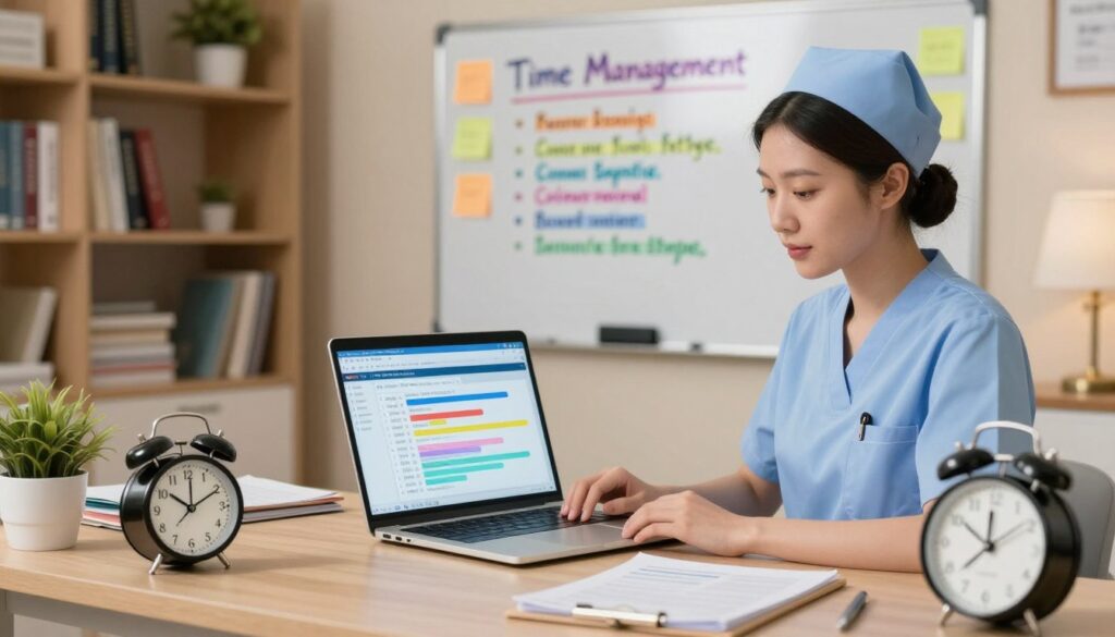 A focused study environment showcasing a nurse in professional attire sitting at a desk covered with NCLEX preparation materials, including a clock indicating time management. In the foreground, a sleek laptop displays a study plan with colorful charts, and a timer ticks down to emphasize urgency. The middle ground features a whiteboard with key time management strategies outlined in colorful markers, surrounded by sticky notes. The background is softly blurred, depicting a cozy study room filled with bookshelves and nursing textbooks, bathed in warm, ambient light to create an inviting yet serious atmosphere. The overall mood reflects concentration and determination to succeed in the NCLEX exam.