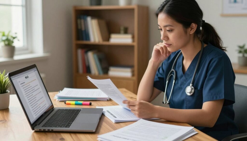 A focused study environment showcasing a nurse in professional business attire, sitting at a wooden desk covered with NCLEX study materials, including prioritization questions and colorful highlighters. The foreground features a close-up of a laptop screen displaying NCLEX practice questions, while the middle ground shows the nurse intently analyzing the questions, with a thoughtful expression. In the background, a soft-lit room with shelves filled with nursing textbooks and a potted plant adds warmth to the atmosphere. Natural light streams in through a window, creating a serene ambiance, with a shallow depth of field to emphasize the nurse's concentration on mastering the question format.