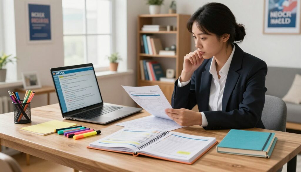 A focused study environment showcasing a structured study plan for NCLEX preparation. In the foreground, a tidy wooden desk with colorful study materials, including highlighters and a neatly organized planner opened to a study schedule. In the middle, a professional individual in business attire, looking thoughtfully at the study materials, with a laptop displaying NCLEX practice questions. The background features a well-lit, modern room with a bookshelf filled with nursing textbooks and motivational posters on the walls. Soft, natural light streams through a window, creating a warm and inviting atmosphere that inspires productivity and focus. The overall mood is determined and organized, emphasizing the importance of structure in studying effectively. A focused study environment showcasing a structured study plan for NCLEX preparation. In the foreground, a tidy wooden desk with colorful study materials, including highlighters and a neatly organized planner opened to a study schedule. In the middle, a professional individual in business attire, looking thoughtfully at the study materials, with a laptop displaying NCLEX practice questions. The background features a well-lit, modern room with a bookshelf filled with nursing textbooks and motivational posters on the walls. Soft, natural light streams through a window, creating a warm and inviting atmosphere that inspires productivity and focus. The overall mood is determined and organized, emphasizing the importance of structure in studying effectively.