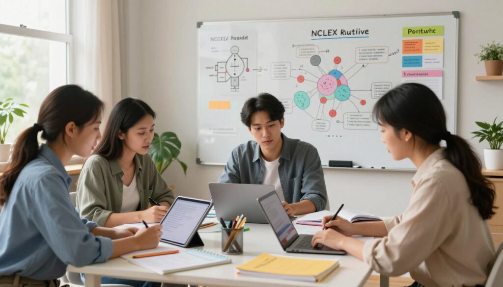 A focused study environment showcasing an NCLEX study routine. In the foreground, a diverse group of three individuals, one male and two females, are seated at a modern, organized desk cluttered with colorful study materials, tablets, and laptops. They are dressed in smart casual attire, deeply engaged in discussions and reviews. In the middle, a large whiteboard filled with complex nursing diagrams, flashcards, and mind maps is visible, reflecting the use of technology. The background features a well-lit, cozy study room with soft, natural sunlight streaming through a window, plants adding a touch of warmth. Capture a motivational and collaborative atmosphere, using soft, inviting lighting to enhance the sense of focus and productivity. The composition should be slightly angled to depict both the table and whiteboard effectively.