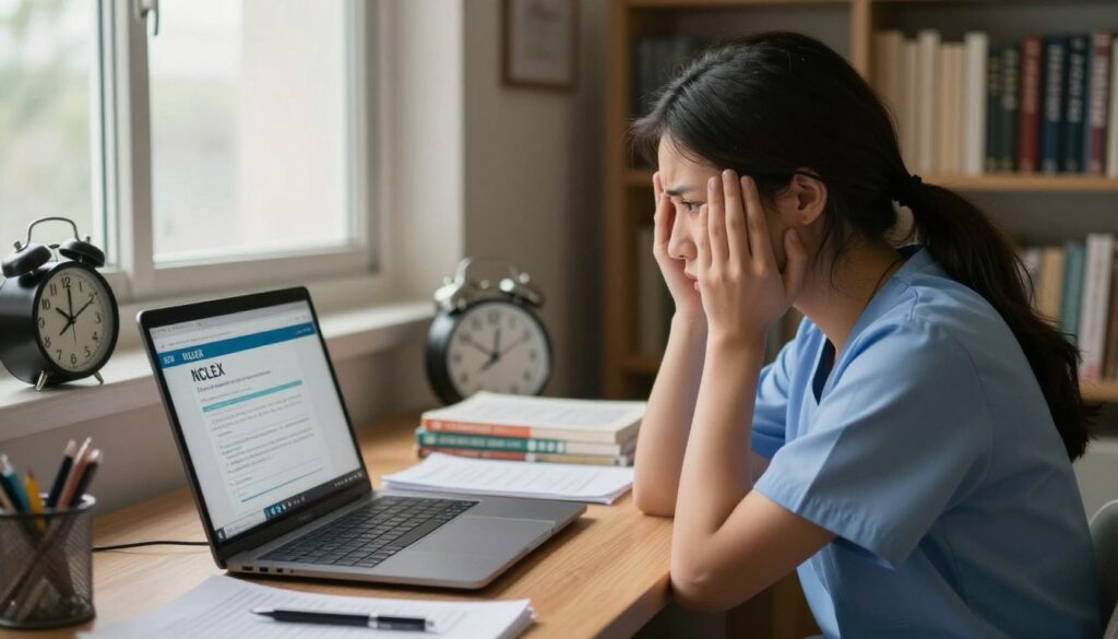 A focused study room setting featuring a nervous nursing student sitting at a desk, intently staring at a laptop screen showing the NCLEX exam interface. The foreground highlights the student's anxious expression, wearing a professional-looking shirt with a cozy atmosphere created by soft, warm lighting. The middle ground captures notes, textbooks, and a clock showing the time ticking away, symbolizing pressure and urgency. The background reveals shelves filled with nursing reference books and a window letting in gentle daylight, suggesting a calm outside world contrasting with the student's internal stress. The overall mood is one of determination and tension, emphasizing the significance of the 150 question milestone in the examination process.