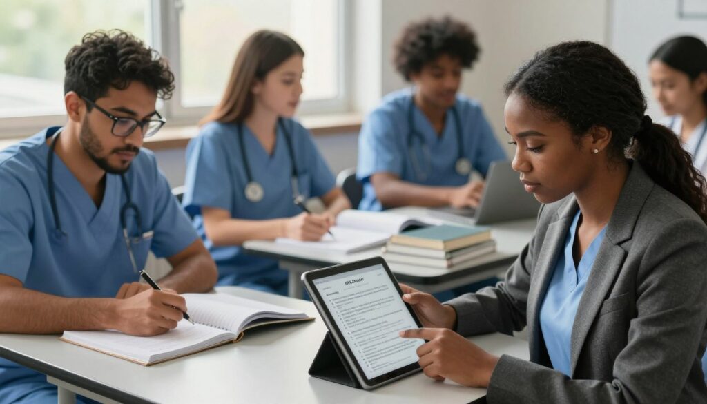 A focused study scene depicting a diverse group of nursing students engaged in answering NCLEX practice questions. In the foreground, a young Black female student in professional business attire is seated at a desk, intently analyzing a practice question on her tablet. Beside her, a Middle-Eastern male student with glasses is writing notes in a notebook, surrounded by textbooks and resources. In the middle, a white female student is chatting with a fellow student about their study strategies, creating a collaborative atmosphere. The background features a window with soft, natural light streaming in, casting a warm glow over the scene. The overall mood is one of determination, focus, and teamwork, emphasizing the effective use of practice questions in NCLEX preparation.
