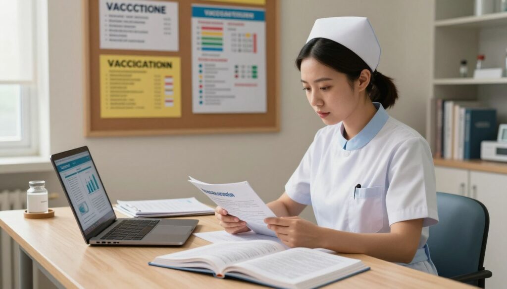 A focused study scene depicting a nurse sitting at a well-organized desk, surrounded by open textbooks and study materials related to infection control and vaccination. The nurse, dressed in professional business attire, is intently reviewing notes on vaccination protocols, with a sleek laptop displaying graphs and data in the foreground. Behind her, a bulletin board features colorful charts and reminders about vaccination importance, creating an informative backdrop. The lighting is soft and warm, illuminating the scene through a window, enhancing a studious and motivated atmosphere. The angle is slightly elevated, capturing both the nurse's concentration and the essential materials around her. The overall mood conveys professionalism, dedication, and the significance of knowledge in infection control. A focused study scene depicting a nurse sitting at a well-organized desk, surrounded by open textbooks and study materials related to infection control and vaccination. The nurse, dressed in professional business attire, is intently reviewing notes on vaccination protocols, with a sleek laptop displaying graphs and data in the foreground. Behind her, a bulletin board features colorful charts and reminders about vaccination importance, creating an informative backdrop. The lighting is soft and warm, illuminating the scene through a window, enhancing a studious and motivated atmosphere. The angle is slightly elevated, capturing both the nurse's concentration and the essential materials around her. The overall mood conveys professionalism, dedication, and the significance of knowledge in infection control.