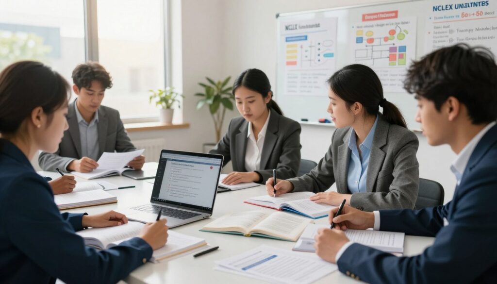 A focused study scene depicting a nursing student surrounded by NCLEX fundamentals study materials. In the foreground, a diverse group of students, dressed in professional business attire, work collaboratively at a modern desk covered with open textbooks, practice question sheets, and a laptop displaying simulation software. The middle ground shows a whiteboard filled with colorful charts and diagrams related to nursing fundamentals. In the background, a bright window lets in natural light, casting a warm glow over the scene. The atmosphere is one of determination and focus, with a sense of camaraderie among the students. The camera angle is slightly tilted to create a dynamic composition, emphasizing the energetic vibe of the study session.