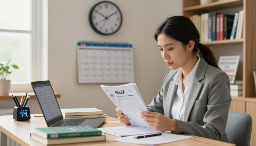 A focused study scene featuring a female nursing student, dressed in professional business attire, intently reviewing NCLEX test materials. In the foreground, a well-organized study table is cluttered with textbooks, a laptop displaying a timer, and scattered notes. In the middle, a wall clock and a calendar are prominently displayed, symbolizing effective time management. The background shows a cozy and well-lit study room with a bookshelf filled with nursing textbooks and motivational posters. Soft, natural lighting filters through a window, creating a warm and inviting atmosphere. The overall mood is determined and focused, capturing the essence of developing effective time management skills for successful test-taking strategies.