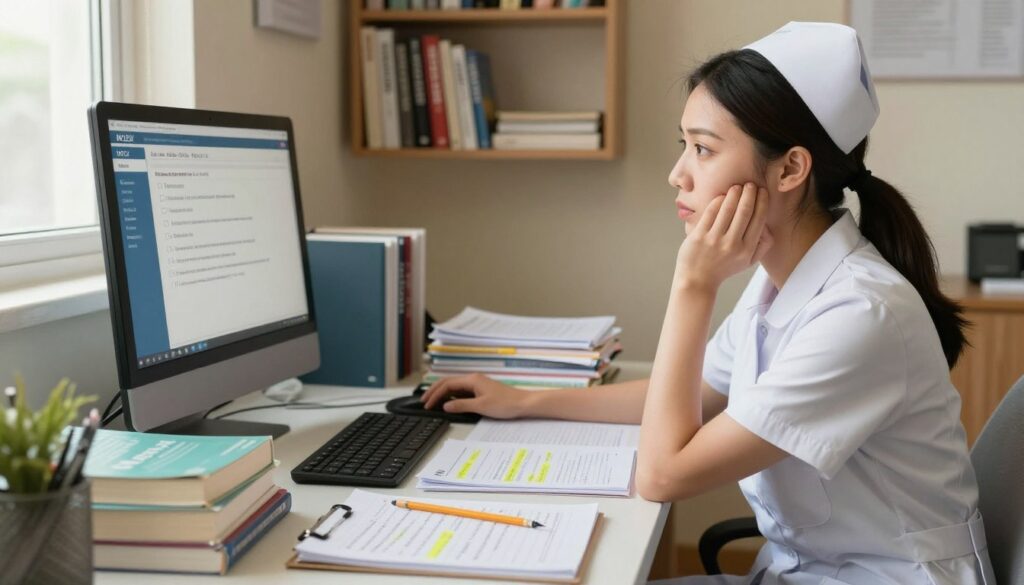 A focused study scene featuring a nurse in professional attire, seated at a desk cluttered with NCLEX exam preparation materials, including textbooks and notes. The nurse shows a contemplative expression, glancing at a computer screen displaying a digital NCLEX exam interface, where several questions are intentionally left unselected. The foreground highlights a pencil and notepad with scribbled study tips, while in the middle, papers scatter with highlighted sections. The background reveals a softly lit room, with shelves filled with medical textbooks and a calming wall color, creating a peaceful yet studious atmosphere. Natural light filters through a nearby window, casting gentle shadows. The overall mood conveys a mix of anxiety and determination, reflecting the challenges of exam preparation.