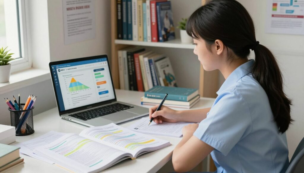A focused study scene featuring a young nursing student, dressed in professional business attire, sitting at a desk in a well-lit room. The foreground includes an open study guide and practice NCLEX questions scattered around, showing highlighted sections and notes. In the middle ground, there is a laptop displaying a practice exam platform with colorful graphs and statistics depicting progress. The background consists of a bookshelf filled with nursing textbooks and motivational posters related to success and learning. Soft, natural light filters through a window, creating a warm and inviting atmosphere, emphasizing determination and effective studying without the need for memorization. The composition captures a sense of calm focus and professional ambition.