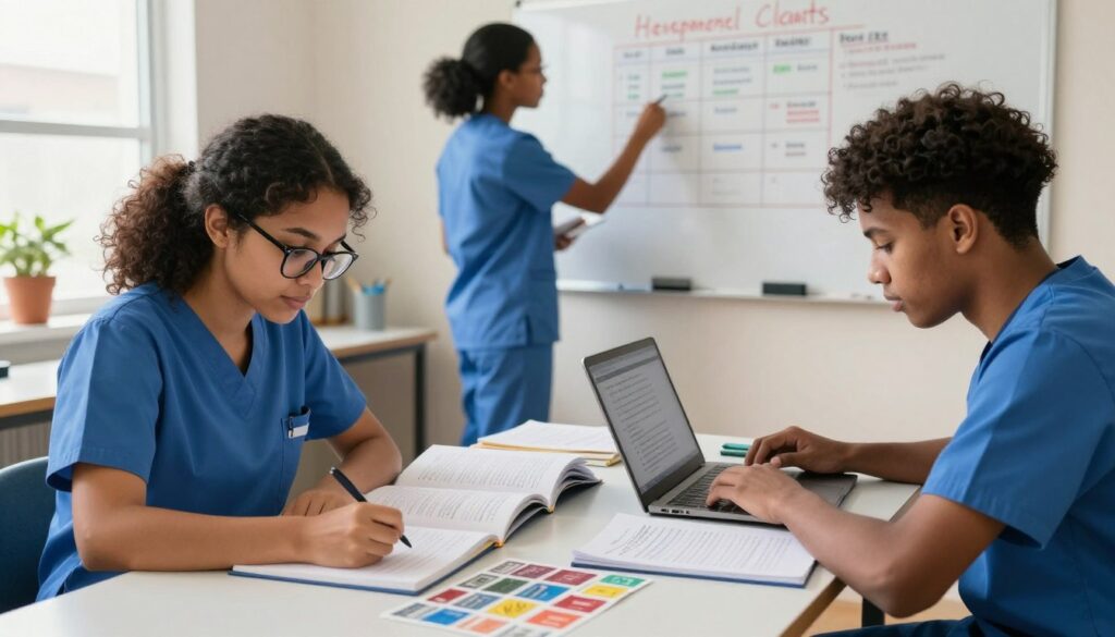A focused study scene for NCLEX exam preparation, featuring a diverse group of three nursing students. In the foreground, a dedicated female student with glasses is sitting at a desk, surrounded by textbooks and flashcards, taking notes with determination. Next to her, an engaged male student is reviewing practice questions on a laptop. In the background, another student is standing, presenting a study schedule on a whiteboard, enhancing collaboration and planning. The room is filled with natural light from a window, creating a warm and inviting atmosphere. Soft shadows and vibrant colors convey a sense of motivation and focus. The composition is shot from a slightly elevated angle, capturing the essence of teamwork and study strategy without any text or distractions.