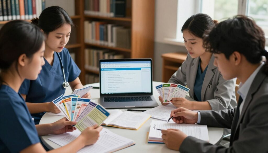 A focused study scene highlighting the challenge of mastering pharmacology questions for NCLEX preparation. In the foreground, a diverse group of three nursing students gathered around a table, each dressed in professional business attire, examining an array of colorful flashcards depicting various medications and their classifications. The middle ground features an open laptop displaying a pharmacology quiz, with notes and textbooks spread around, creating a sense of diligent study. The background shows a soft-focus library setting with shelves of medical textbooks, enhancing the academic atmosphere. Warm, natural lighting filters through nearby windows, casting gentle shadows that evoke a calm yet intense mood, emphasizing the importance of mastering challenging subjects in nursing education. A focused study scene highlighting the challenge of mastering pharmacology questions for NCLEX preparation. In the foreground, a diverse group of three nursing students gathered around a table, each dressed in professional business attire, examining an array of colorful flashcards depicting various medications and their classifications. The middle ground features an open laptop displaying a pharmacology quiz, with notes and textbooks spread around, creating a sense of diligent study. The background shows a soft-focus library setting with shelves of medical textbooks, enhancing the academic atmosphere. Warm, natural lighting filters through nearby windows, casting gentle shadows that evoke a calm yet intense mood, emphasizing the importance of mastering challenging subjects in nursing education.