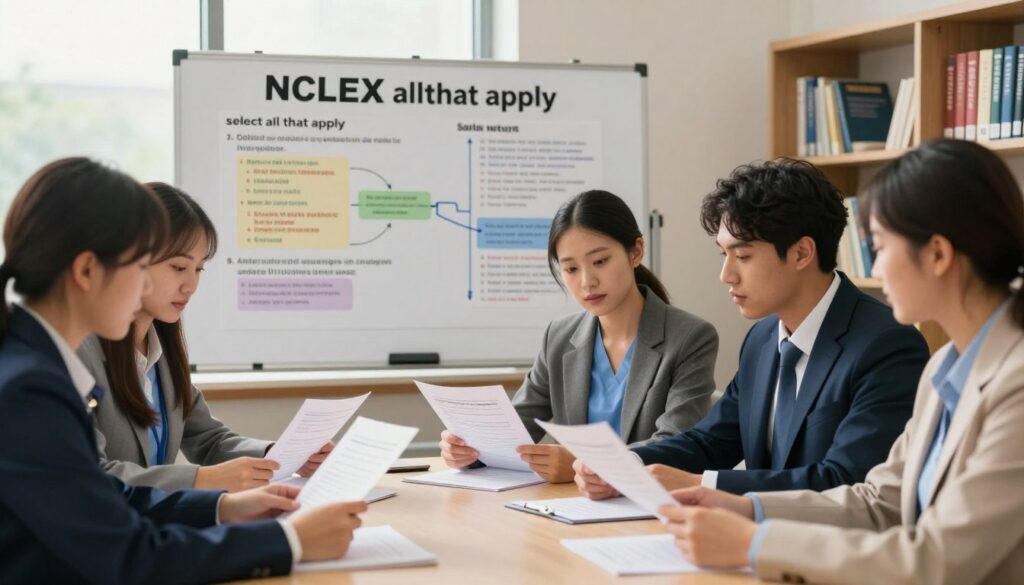 A focused study scene illustrating an NCLEX SATA questions challenge. In the foreground, a diverse group of nursing students in professional business attire are gathered around a table, engaged in discussion and reviewing exam papers. Midground features a large display board with colorful diagrams depicting strategies for answering SATA questions, emphasizing keywords like "select all that apply." The background includes shelves of nursing textbooks and a window allowing warm, natural light to fill the room, creating an inviting atmosphere. The mood is one of determination and collaboration, with an emphasis on learning. The image is shot at eye level, with a soft focus on the students to draw attention to their interaction and the meticulous study environment.
