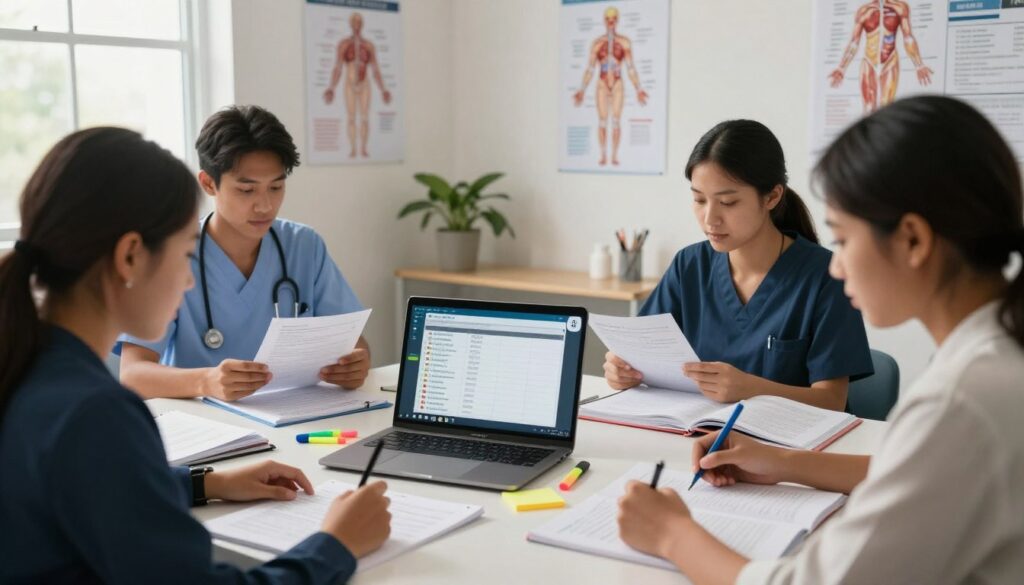 A focused study scene illustrating effective NCLEX study strategies. In the foreground, a diverse group of three nursing students sits around a table, intently reviewing notes and textbooks, dressed in professional business attire. In the middle ground, an open laptop displays a digital study plan filled with checklists and resources, surrounded by highlighters and sticky notes. The background features a bright, well-lit study room with educational posters on the walls, including diagrams of human anatomy and nursing concepts. The atmosphere is one of determination and collaboration, with warm, natural light streaming in through a window, creating a motivating and optimistic feeling. The camera angle is slightly elevated, capturing the intensity of their study sessions from a dynamic perspective. A focused study scene illustrating effective NCLEX study strategies. In the foreground, a diverse group of three nursing students sits around a table, intently reviewing notes and textbooks, dressed in professional business attire. In the middle ground, an open laptop displays a digital study plan filled with checklists and resources, surrounded by highlighters and sticky notes. The background features a bright, well-lit study room with educational posters on the walls, including diagrams of human anatomy and nursing concepts. The atmosphere is one of determination and collaboration, with warm, natural light streaming in through a window, creating a motivating and optimistic feeling. The camera angle is slightly elevated, capturing the intensity of their study sessions from a dynamic perspective.