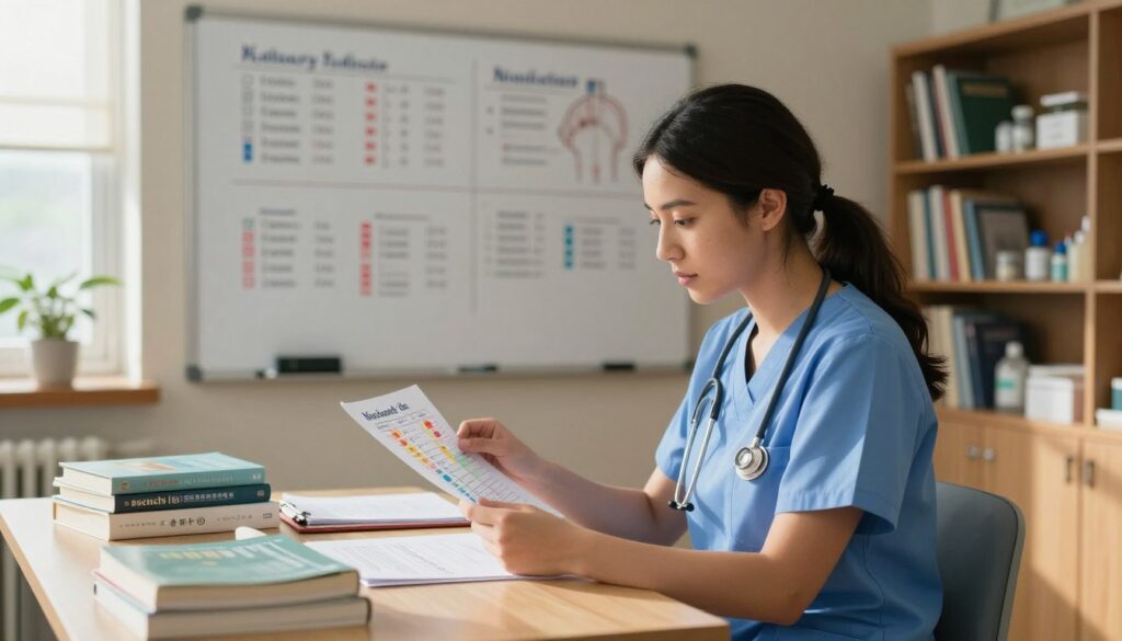A focused study scene in a cozy, well-lit nursing study room. In the foreground, a nursing student in a smart, professional outfit diligently reviews a colorful chart of key laboratory tests and their normal ranges, surrounded by textbooks and notes. The middle ground features a large whiteboard filled with diagrams of common lab values. Natural light streams in from a window, creating a warm atmosphere with soft shadows. In the background, shelves filled with medical textbooks and nursing supplies provide context. The overall mood is one of concentration and determination, evoking the seriousness of preparing for the NCLEX exam while fostering a sense of empowerment through knowledge. A focused study scene in a cozy, well-lit nursing study room. In the foreground, a nursing student in a smart, professional outfit diligently reviews a colorful chart of key laboratory tests and their normal ranges, surrounded by textbooks and notes. The middle ground features a large whiteboard filled with diagrams of common lab values. Natural light streams in from a window, creating a warm atmosphere with soft shadows. In the background, shelves filled with medical textbooks and nursing supplies provide context. The overall mood is one of concentration and determination, evoking the seriousness of preparing for the NCLEX exam while fostering a sense of empowerment through knowledge.