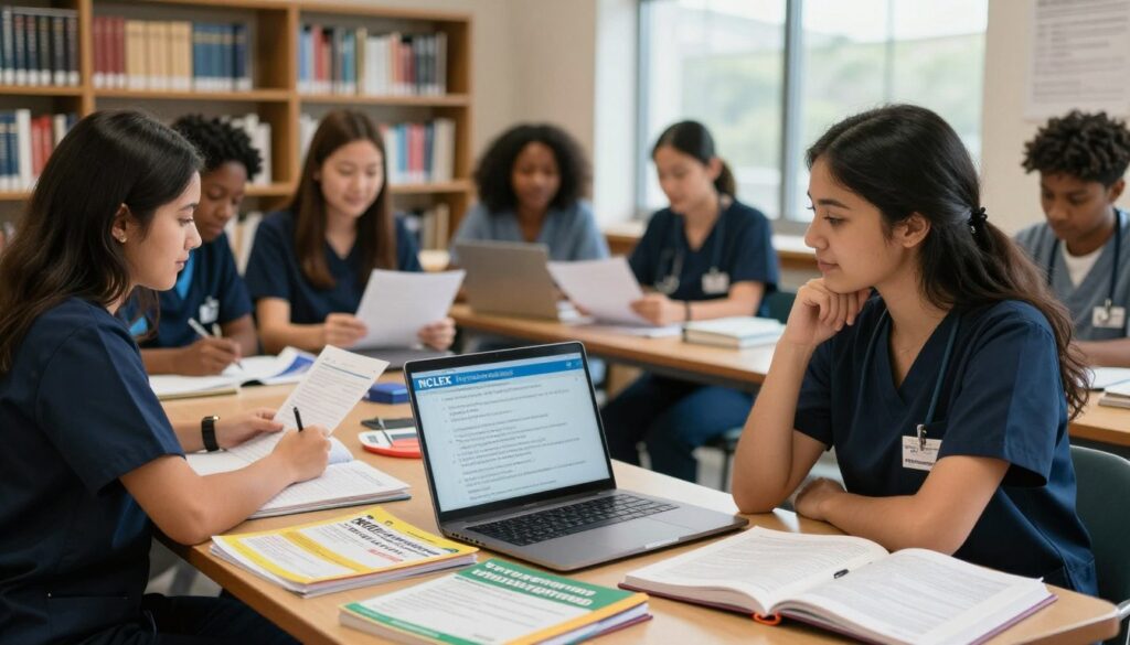 A focused study scene set in a well-lit library, showcasing a diverse group of nursing students intensely engaged in preparation for the NCLEX exam. In the foreground, a young woman in professional attire, surrounded by colorful study guides and nursing textbooks, looks thoughtfully at a laptop displaying NCLEX practice questions. In the middle ground, other students are collaborating, sharing papers and notes, with smiles of determination. The background features shelves filled with medical textbooks and soft natural light streaming through large windows, creating an inviting atmosphere. The mood should evoke a sense of empowerment, resilience, and academic enthusiasm, reflecting the theme of "Preparing for the Unexpected" in their exam journey.