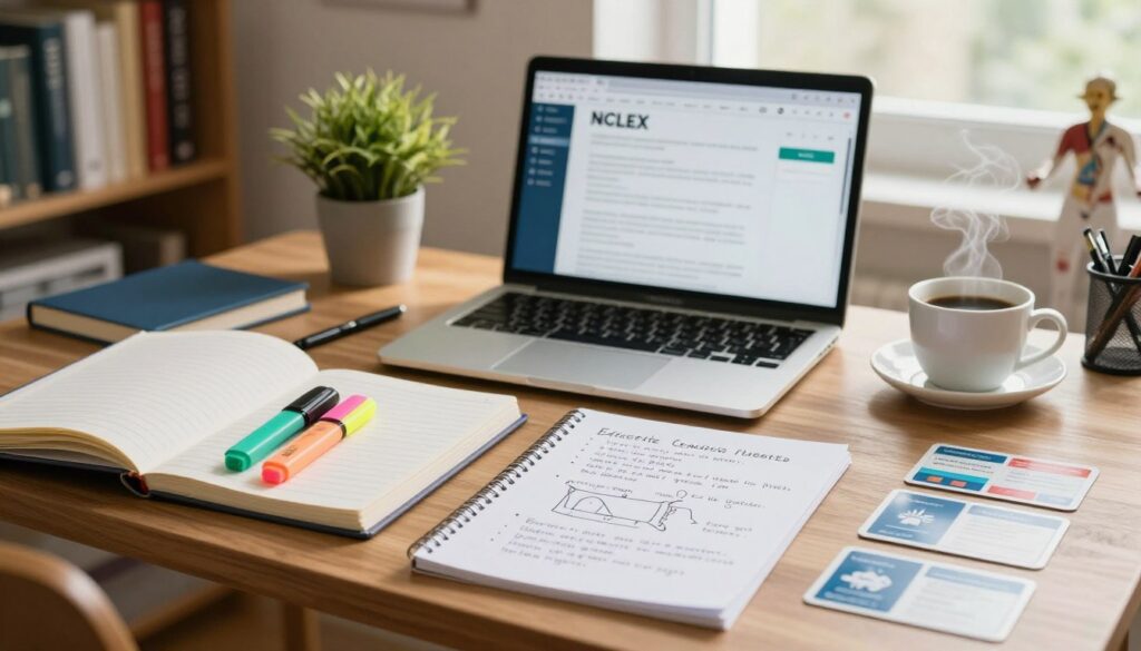A focused study space for NCLEX exam preparation, featuring a wooden desk adorned with neatly organized notebooks, colored highlighters, and flashcards laid out methodically. In the foreground, a set of handwritten notes on plain white paper showcasing effective study strategies, such as diagrams and bullet points, offers a sense of organization. The middle ground displays a laptop with a study app open, surrounded by a calming potted plant and a steaming cup of coffee, suggesting a cozy atmosphere. In the background, softly blurred shelves filled with nursing textbooks and anatomy models evoke a focused study environment. The lighting is warm and inviting, with natural light streaming in from a nearby window, enhancing a tranquil yet productive mood ideal for effective learning.