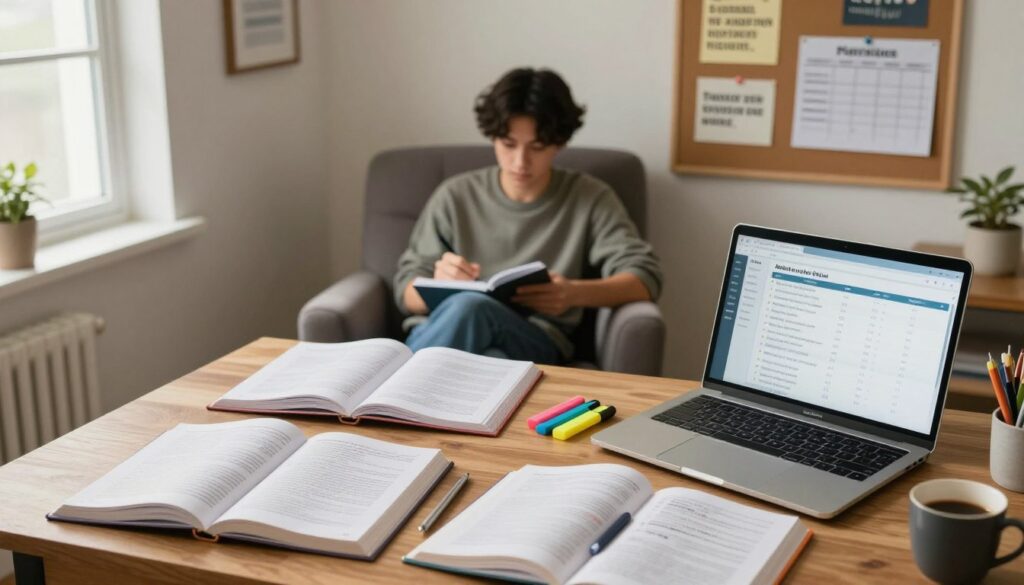 A focused study space showcasing NCLEX preparation tips. In the foreground, a wooden desk neatly arranged with open textbooks, colorful highlighters, and a laptop displaying a study plan. In the middle ground, a cozy armchair with a student in modest casual attire, taking notes with a determined expression. The background features a wall with a corkboard pinned with motivational quotes and study schedules. Soft, warm lighting creates an inviting atmosphere, with a window letting in gentle daylight. The angle is slightly overhead, capturing the organized chaos of the study environment, emphasizing focus and determination for success in NCLEX preparation. A focused study space showcasing NCLEX preparation tips. In the foreground, a wooden desk neatly arranged with open textbooks, colorful highlighters, and a laptop displaying a study plan. In the middle ground, a cozy armchair with a student in modest casual attire, taking notes with a determined expression. The background features a wall with a corkboard pinned with motivational quotes and study schedules. Soft, warm lighting creates an inviting atmosphere, with a window letting in gentle daylight. The angle is slightly overhead, capturing the organized chaos of the study environment, emphasizing focus and determination for success in NCLEX preparation.