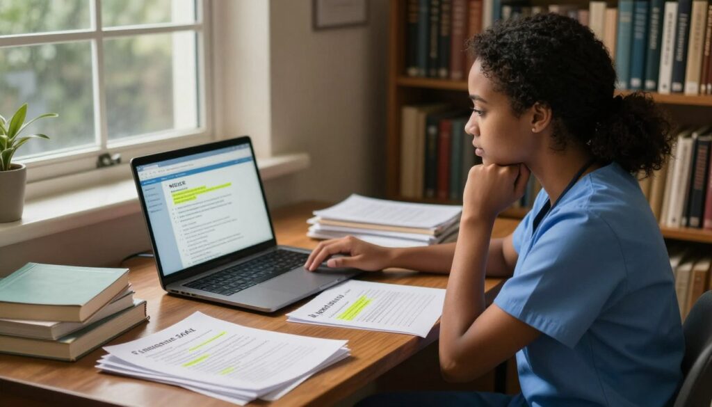 A focused study space showcasing a nursing student preparing for the NCLEX exam. In the foreground, a diverse nursing student in professional attire is seated at a wooden desk, surrounded by textbooks and notes on SATA questions, appearing engaged and thoughtful. In the middle, an open laptop displays digital resources and practice questions, with highlighted answers on paper scattered around. The background features a cozy library with warm, ambient lighting filtering through large windows, casting soft shadows. Shelves filled with nursing textbooks line the walls, enhancing the study atmosphere. The overall mood is one of determination and concentration, capturing the essence of effective exam preparation strategies. A focused study space showcasing a nursing student preparing for the NCLEX exam. In the foreground, a diverse nursing student in professional attire is seated at a wooden desk, surrounded by textbooks and notes on SATA questions, appearing engaged and thoughtful. In the middle, an open laptop displays digital resources and practice questions, with highlighted answers on paper scattered around. The background features a cozy library with warm, ambient lighting filtering through large windows, casting soft shadows. Shelves filled with nursing textbooks line the walls, enhancing the study atmosphere. The overall mood is one of determination and concentration, capturing the essence of effective exam preparation strategies.