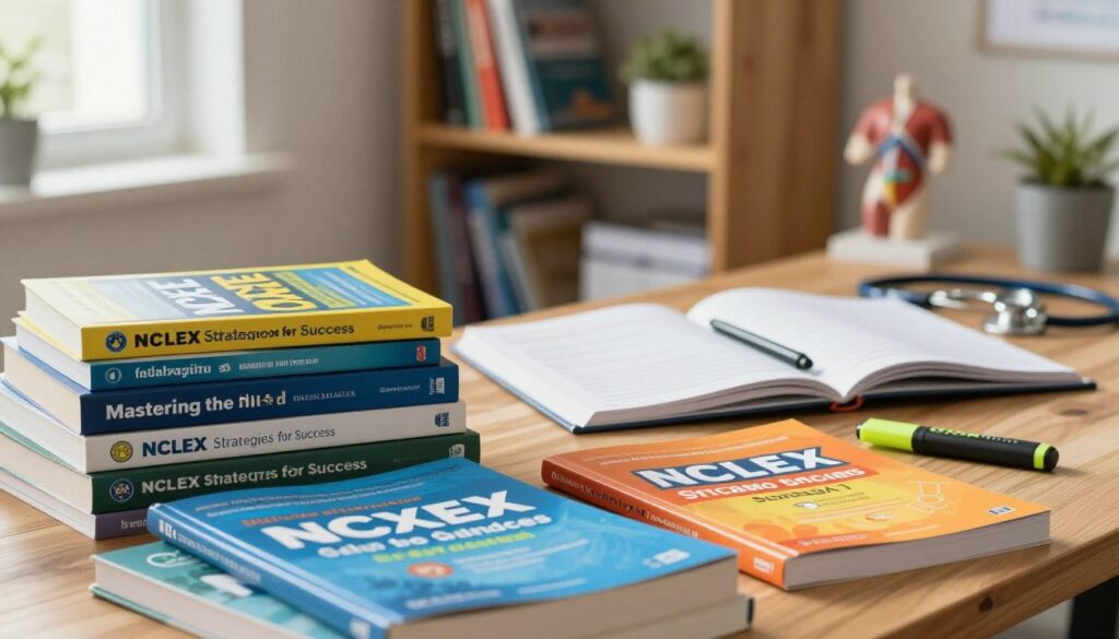 A focused, vibrant scene showcasing a collection of NCLEX exam preparation books stacked on a wooden desk. In the foreground, detailed close-ups of various book covers featuring titles like "Mastering the NCLEX" and "NCLEX Strategies for Success," with colorful and engaging designs. The middle ground shows an open notebook and a few highlighters scattered around, indicating active study engagement. The background features a soft-focus bookshelf filled with more educational resources and nursing-related decor, such as stethoscopes and anatomy models, all bathed in warm, natural lighting streaming through a nearby window. The atmosphere is calm and motivational, inviting a sense of determination for repeat test takers.