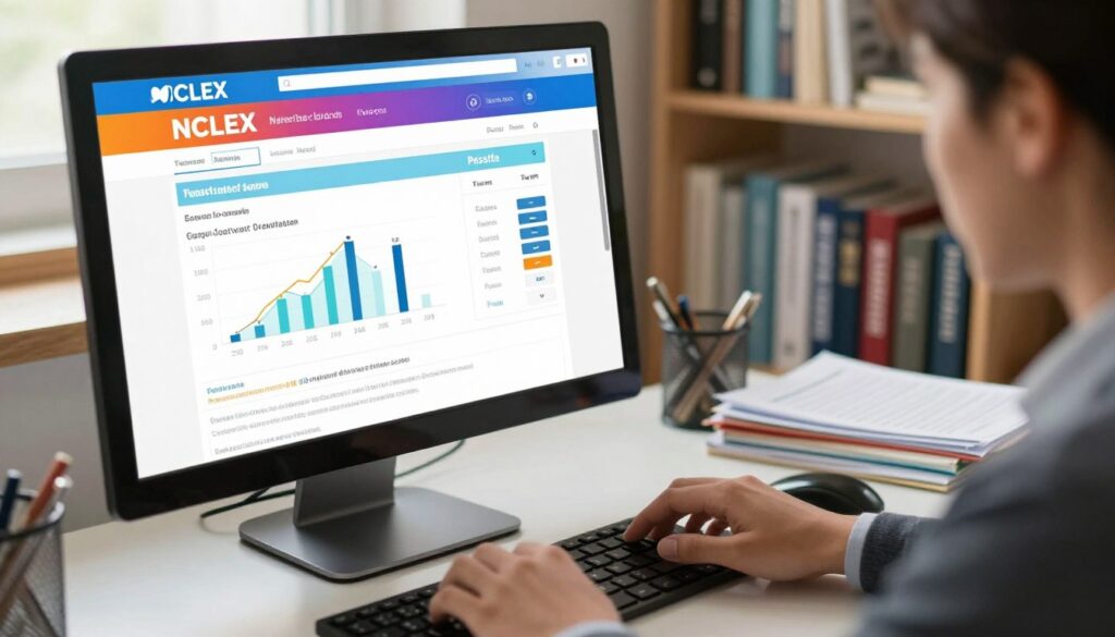 A focused workspace featuring a computer screen displaying a colorful NCLEX test results page. In the foreground, a pair of hands, belonging to a professional in business attire, are poised over a keyboard, poised to check results. The middle ground showcases the screen illuminated by soft, natural light, highlighting graphs and pass/fail indicators. The background contains shelf units filled with nursing textbooks and study materials, conveying an academic atmosphere. The mood is tense yet hopeful, as the individual is eager to check their results. The scene is captured with a slight overhead angle using a warm color palette, emphasizing a sense of professionalism and anticipation.