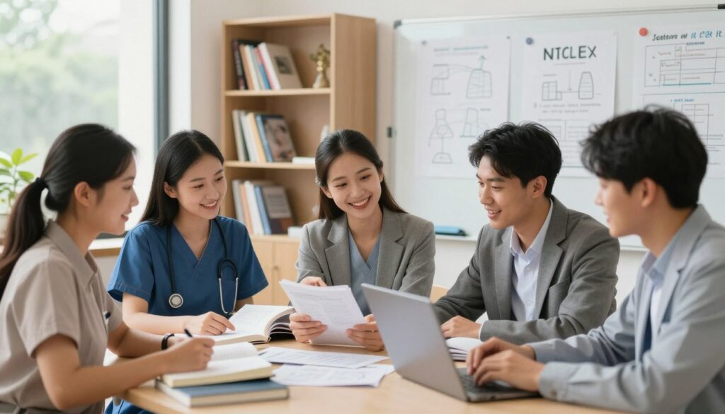A group of nursing students engaged in a collaborative study session for NCLEX preparation. In the foreground, diverse students—two women and one man—are seated around a table strewn with textbooks, notes, and laptops. They are in professional business attire, smiling and discussing while one points at a textbook. The middle ground features a whiteboard filled with diagrams and study strategies, enhancing the learning atmosphere. In the background, shelves are lined with health-related books, and a large window lets in natural light, creating a bright and inviting environment. The mood is focused yet cheerful, showcasing teamwork and determination. The image should be captured with a warm tone, using a slightly blurred bokeh effect to emphasize the students while keeping the background recognizable. A group of nursing students engaged in a collaborative study session for NCLEX preparation. In the foreground, diverse students—two women and one man—are seated around a table strewn with textbooks, notes, and laptops. They are in professional business attire, smiling and discussing while one points at a textbook. The middle ground features a whiteboard filled with diagrams and study strategies, enhancing the learning atmosphere. In the background, shelves are lined with health-related books, and a large window lets in natural light, creating a bright and inviting environment. The mood is focused yet cheerful, showcasing teamwork and determination. The image should be captured with a warm tone, using a slightly blurred bokeh effect to emphasize the students while keeping the background recognizable.