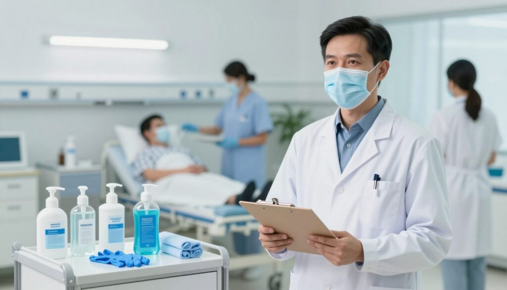A healthcare professional, dressed in a lab coat and surgical mask, stands in a brightly lit hospital environment, emphasizing the importance of infection prevention. In the foreground, the figure holds a clipboard with infection prevention protocols, looking determined and engaged. The middle ground features a well-organized medical station with hand sanitizers, gloves, and disinfectants visibly displayed. The background shows hospital rooms with patients being treated safely, highlighting a clean and sterile environment. The lighting is bright and clinical, projecting a sense of cleanliness and professionalism. The atmosphere conveys urgency and dedication to patient safety, with a focus on teamwork in infection control efforts.