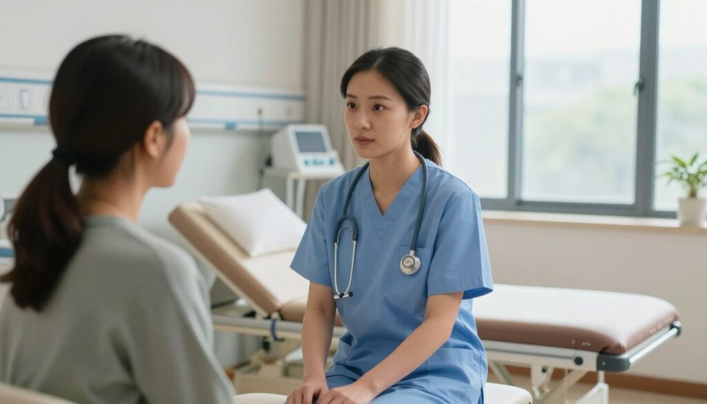 A healthcare professional in smart, professional attire, carefully assessing the needs of a diverse patient in a well-lit hospital room. The foreground captures the nurse's focused expression as she listens attentively to the patient, showcasing empathy and a commitment to prioritizing care. In the middle ground, medical equipment and a comforting examination bed are arranged neatly, symbolizing a supportive environment. The background features a large window with natural light filtering through, illuminating the space and creating a warm atmosphere. The overall mood conveys compassion, understanding, and dedication to patient needs, with soft lighting enhancing the sense of care and professionalism in the scene. A healthcare professional in smart, professional attire, carefully assessing the needs of a diverse patient in a well-lit hospital room. The foreground captures the nurse's focused expression as she listens attentively to the patient, showcasing empathy and a commitment to prioritizing care. In the middle ground, medical equipment and a comforting examination bed are arranged neatly, symbolizing a supportive environment. The background features a large window with natural light filtering through, illuminating the space and creating a warm atmosphere. The overall mood conveys compassion, understanding, and dedication to patient needs, with soft lighting enhancing the sense of care and professionalism in the scene.