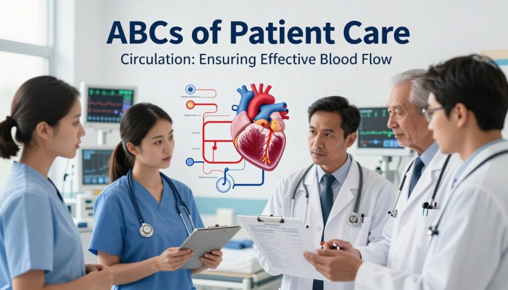 A high-contrast, educational illustration depicting the "ABCs of Patient Care," with a focus on "Circulation: Ensuring Effective Blood Flow." In the foreground, a diverse group of healthcare professionals in professional business attire, including a nurse and a doctor, actively engaged in discussion around a patient care chart highlighting circulation metrics. In the middle, an anatomical heart illustration and blood flow diagrams integrated with clipboards and medical instruments. The background features a soft-focus hospital environment with medical equipment and monitors displaying vital signs, creating a clinical yet calm atmosphere. Bright, natural lighting highlights the professionals’ faces, conveying a sense of teamwork and urgency. The overall mood is focused yet reassuring, emphasizing the importance of effective blood flow in patient care. A high-contrast, educational illustration depicting the "ABCs of Patient Care," with a focus on "Circulation: Ensuring Effective Blood Flow." In the foreground, a diverse group of healthcare professionals in professional business attire, including a nurse and a doctor, actively engaged in discussion around a patient care chart highlighting circulation metrics. In the middle, an anatomical heart illustration and blood flow diagrams integrated with clipboards and medical instruments. The background features a soft-focus hospital environment with medical equipment and monitors displaying vital signs, creating a clinical yet calm atmosphere. Bright, natural lighting highlights the professionals’ faces, conveying a sense of teamwork and urgency. The overall mood is focused yet reassuring, emphasizing the importance of effective blood flow in patient care.