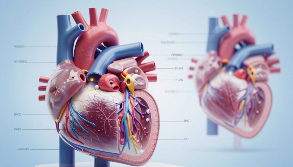 A highly detailed anatomical illustration of the human heart, showcasing its various structures such as the atria, ventricles, valves, and major blood vessels. In the foreground, focus on a transparent heart model with labeled parts, demonstrating blood flow pathways. The middle ground features a cross-section view, highlighting the myocardium and chambers, with vibrant colors to distinguish arteries and veins. In the background, a subtle diagrammatic representation of heart physiology, possibly with arrows indicating blood circulation. The scene is well-lit to emphasize anatomical details, with a soft blue gradient in the background for a clinical atmosphere. Capture the essence of medical education with clarity and precision, aiming for a professional and informative look.