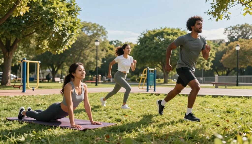 A lively and dynamic scene illustrating motivation techniques for NCLEX study, focusing on staying physically active. In the foreground, a diverse group of three individuals, dressed in professional athletic attire, are engaged in a lively outdoor workout session: one person is doing yoga on a mat, another is jogging, while the third is doing stretches. In the middle ground, there is a park setting with green grass and trees, featuring exercise equipment. The background shows a clear blue sky with soft, warm sunlight illuminating the scene, casting gentle shadows. The atmosphere feels energetic and uplifting, embodying health and determination, encouraging viewers to prioritize physical activity in their study routine. The composition is captured with a wide-angle lens to encompass the lush environment and dynamic actions. A lively and dynamic scene illustrating motivation techniques for NCLEX study, focusing on staying physically active. In the foreground, a diverse group of three individuals, dressed in professional athletic attire, are engaged in a lively outdoor workout session: one person is doing yoga on a mat, another is jogging, while the third is doing stretches. In the middle ground, there is a park setting with green grass and trees, featuring exercise equipment. The background shows a clear blue sky with soft, warm sunlight illuminating the scene, casting gentle shadows. The atmosphere feels energetic and uplifting, embodying health and determination, encouraging viewers to prioritize physical activity in their study routine. The composition is captured with a wide-angle lens to encompass the lush environment and dynamic actions.