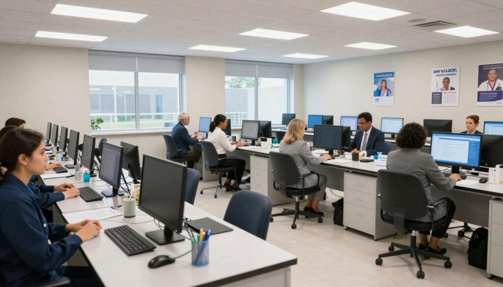 A modern NCLEX examination center, showcasing a spacious, well-lit testing room filled with individual computer stations. In the foreground, a neatly arranged desk with a professional-looking computer and stationary, symbolizing readiness. The middle ground features a diverse group of individuals in professional business attire, focused on their screens, as they prepare for the exam. Bright overhead fluorescent lighting casts a clean, efficient atmosphere, while large windows in the background let in natural light, enhancing the sense of clarity and confidence. The walls are adorned with motivational posters about nursing and testing success, creating an encouraging and supportive environment. The angle of the image captures both the focused individuals and the organized setup of the testing area, establishing a mood of professionalism and anticipation. A modern NCLEX examination center, showcasing a spacious, well-lit testing room filled with individual computer stations. In the foreground, a neatly arranged desk with a professional-looking computer and stationary, symbolizing readiness. The middle ground features a diverse group of individuals in professional business attire, focused on their screens, as they prepare for the exam. Bright overhead fluorescent lighting casts a clean, efficient atmosphere, while large windows in the background let in natural light, enhancing the sense of clarity and confidence. The walls are adorned with motivational posters about nursing and testing success, creating an encouraging and supportive environment. The angle of the image captures both the focused individuals and the organized setup of the testing area, establishing a mood of professionalism and anticipation.