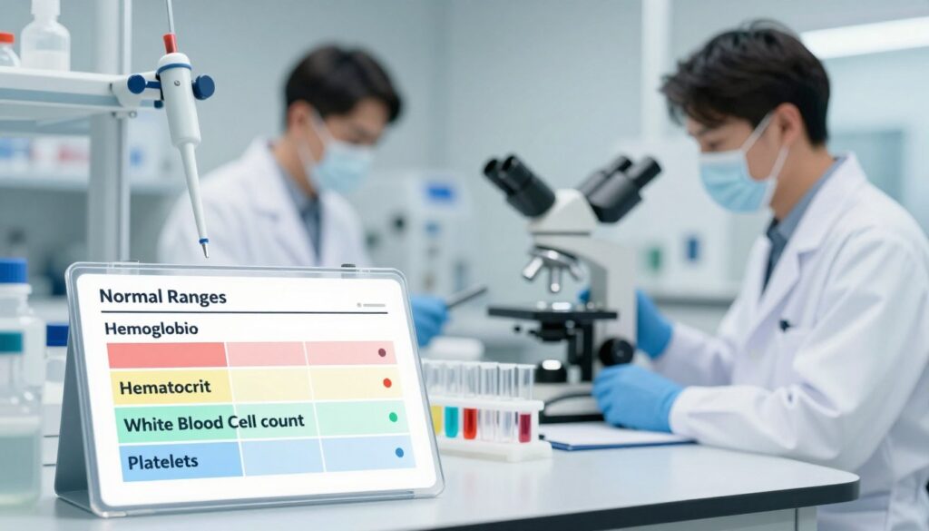 A modern and informative illustration showcasing hematology lab values. In the foreground, a detailed chart displaying normal ranges for key hematology parameters such as Hemoglobin, Hematocrit, White Blood Cell count, and Platelets, each represented with clear, accurately labeled segments. In the middle, a sterile laboratory environment with lab equipment like test tubes, pipettes, and microscopes subtly incorporated, conveying a sense of professionalism and precision. In the background, soft-focus images of medical professionals in white coats, engaged in laboratory work, creating an atmosphere of expertise. The lighting is bright and clinical, emphasizing clarity and focus, with a slight depth of field effect to draw attention to the chart. The overall mood is educational and reliable, perfect for a professional audience. A modern and informative illustration showcasing hematology lab values. In the foreground, a detailed chart displaying normal ranges for key hematology parameters such as Hemoglobin, Hematocrit, White Blood Cell count, and Platelets, each represented with clear, accurately labeled segments. In the middle, a sterile laboratory environment with lab equipment like test tubes, pipettes, and microscopes subtly incorporated, conveying a sense of professionalism and precision. In the background, soft-focus images of medical professionals in white coats, engaged in laboratory work, creating an atmosphere of expertise. The lighting is bright and clinical, emphasizing clarity and focus, with a slight depth of field effect to draw attention to the chart. The overall mood is educational and reliable, perfect for a professional audience.