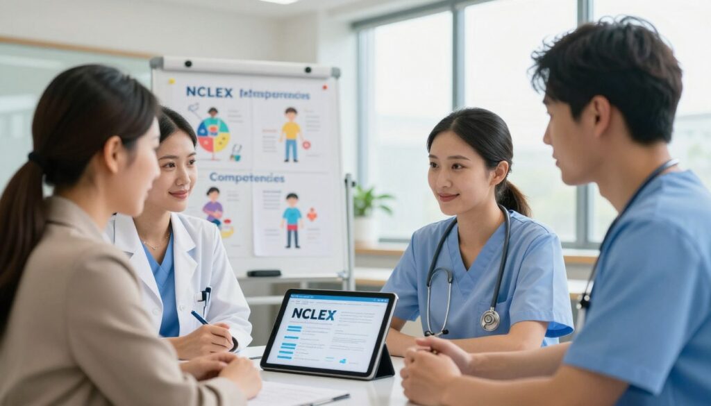 A modern and professional depiction of the Next Generation NCLEX, highlighting its benefits. In the foreground, feature a diverse group of three nursing professionals, dressed in business attire, engaging in a collaborative discussion over a digital tablet displaying NCLEX-related graphics. In the middle ground, include a whiteboard filled with colorful diagrams and charts representing nursing competencies and patient care scenarios. The background should depict a well-lit, contemporary classroom or training environment with large windows allowing natural light to flood in, creating an optimistic mood. Use a slight depth of field to focus on the professionals while softly blurring the background, enhancing the sense of purpose and innovation in nursing education.