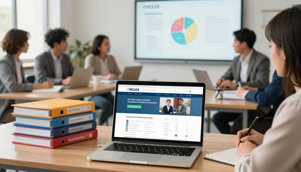 A modern, educational setting highlighting a comparison of NCLEX review courses online. In the foreground, an open laptop displaying a thoughtfully designed course interface with features like quizzes and video lectures. On the left, a neatly organized table with colorful stackable course binders labeled with course names. The middle ground includes diverse professionals in business attire engaged in discussion over study materials, showing a collaborative atmosphere. In the background, a large presentation screen displays a visually appealing chart summarizing course features. The lighting is bright and inviting, simulating a well-lit classroom, while a warm color palette adds to the welcoming mood, evoking a sense of focus and professionalism.
