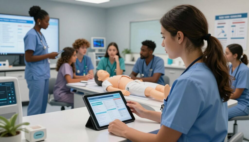 A modern, engaging scene illustrating the concept of "Next Gen NCLEX clinical judgment." In the foreground, a professional nurse, dressed in smart scrubs, is analyzing a digital tablet displaying complex patient data and decision-making scenarios. In the middle ground, a diverse group of nursing students is gathered around a high-tech simulation mannequin, discussing clinical judgment strategies. The background features a sleek, well-lit nursing classroom with advanced medical equipment and charts illustrating the differences between traditional and Next Gen NCLEX methodologies. The atmosphere is dynamic and collaborative, with an emphasis on critical thinking and technology in nursing education. The lighting is bright and focused, highlighting the subjects engaged in an academic discussion, while maintaining warmth and an inspiring environment with soft shadows. A modern, engaging scene illustrating the concept of "Next Gen NCLEX clinical judgment." In the foreground, a professional nurse, dressed in smart scrubs, is analyzing a digital tablet displaying complex patient data and decision-making scenarios. In the middle ground, a diverse group of nursing students is gathered around a high-tech simulation mannequin, discussing clinical judgment strategies. The background features a sleek, well-lit nursing classroom with advanced medical equipment and charts illustrating the differences between traditional and Next Gen NCLEX methodologies. The atmosphere is dynamic and collaborative, with an emphasis on critical thinking and technology in nursing education. The lighting is bright and focused, highlighting the subjects engaged in an academic discussion, while maintaining warmth and an inspiring environment with soft shadows.