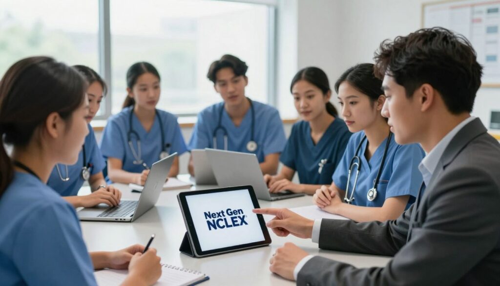 A modern healthcare classroom setting, showcasing a diverse group of nursing students engaged in a collaborative discussion around a digital tablet displaying the Next Gen NCLEX logo. In the foreground, a focused student in professional business attire points to the screen while others attentively listen. The middle ground features students with notepads and laptops, immersed in clinical judgment scenarios, emphasizing teamwork and critical thinking. In the background, large windows allow soft, natural light to illuminate the space, creating an inviting atmosphere. The lens is set at eye-level to capture the intensity of their engagement, highlighting the importance of clinical judgment in nursing education. The overall mood is one of excitement and determination, reflecting a progressive learning environment. A modern healthcare classroom setting, showcasing a diverse group of nursing students engaged in a collaborative discussion around a digital tablet displaying the Next Gen NCLEX logo. In the foreground, a focused student in professional business attire points to the screen while others attentively listen. The middle ground features students with notepads and laptops, immersed in clinical judgment scenarios, emphasizing teamwork and critical thinking. In the background, large windows allow soft, natural light to illuminate the space, creating an inviting atmosphere. The lens is set at eye-level to capture the intensity of their engagement, highlighting the importance of clinical judgment in nursing education. The overall mood is one of excitement and determination, reflecting a progressive learning environment.