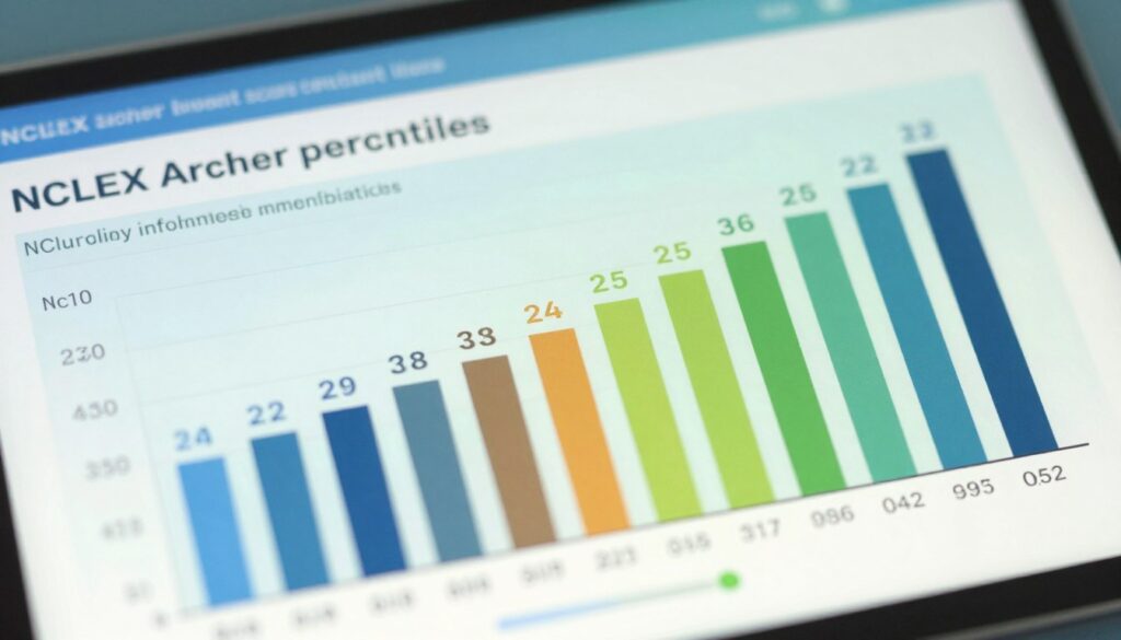 A modern, informative illustration of NCLEX Archer score percentiles, displayed as a dynamic bar chart or graph. In the foreground, clarity and precision in each percentile category are emphasized with contrasting colors to represent different score ranges. The middle section features detailed numerical values and arrows pointing to significant factors influencing these scores, such as study habits, practice exams, and test-taking strategies. The background is a soft gradient of blue and green tones, creating a calm and intellectual atmosphere, symbolizing knowledge and growth. The lighting is bright yet soft, enhancing the visual appeal and professional feel of the image, captured from a slight overhead angle to offer a comprehensive view of the data representation. The absence of any text or branding maintains focus on the graphical content. A modern, informative illustration of NCLEX Archer score percentiles, displayed as a dynamic bar chart or graph. In the foreground, clarity and precision in each percentile category are emphasized with contrasting colors to represent different score ranges. The middle section features detailed numerical values and arrows pointing to significant factors influencing these scores, such as study habits, practice exams, and test-taking strategies. The background is a soft gradient of blue and green tones, creating a calm and intellectual atmosphere, symbolizing knowledge and growth. The lighting is bright yet soft, enhancing the visual appeal and professional feel of the image, captured from a slight overhead angle to offer a comprehensive view of the data representation. The absence of any text or branding maintains focus on the graphical content.