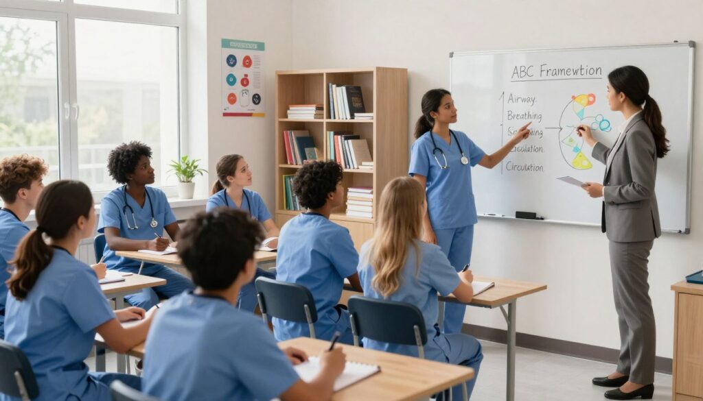 A modern nursing classroom setting, where a diverse group of nursing students is engaged in a dynamic learning session focused on the ABC Framework in nursing education. In the foreground, a confident instructor, dressed in professional business attire, is using a whiteboard to illustrate concepts of Airway, Breathing, and Circulation, while pointing to colorful diagrams. In the middle, students of various ethnic backgrounds are attentively taking notes, with some collaborating in small groups. The background features shelves filled with nursing textbooks and educational posters. Soft natural lighting streams in through large windows, creating an inviting and focused atmosphere conducive to learning. The scene captures the energy and dedication of nursing education, emphasizing teamwork and active participation. A modern nursing classroom setting, where a diverse group of nursing students is engaged in a dynamic learning session focused on the ABC Framework in nursing education. In the foreground, a confident instructor, dressed in professional business attire, is using a whiteboard to illustrate concepts of Airway, Breathing, and Circulation, while pointing to colorful diagrams. In the middle, students of various ethnic backgrounds are attentively taking notes, with some collaborating in small groups. The background features shelves filled with nursing textbooks and educational posters. Soft natural lighting streams in through large windows, creating an inviting and focused atmosphere conducive to learning. The scene captures the energy and dedication of nursing education, emphasizing teamwork and active participation.