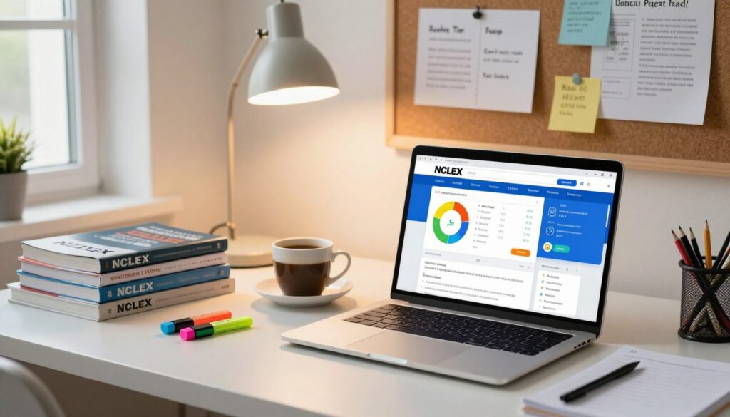 A modern office workspace featuring an elegant, organized desktop setting. In the foreground, a sleek laptop displaying a vibrant NCLEX question bank website interface, showcasing colorful charts and engaging question layouts. Surrounding the laptop are neatly stacked study materials, including NCLEX textbooks and colorful highlighters. In the middle, a stylish desk lamp casts warm light, creating a cozy atmosphere, while a cup of coffee sits beside it for a study session feel. In the background, a bulletin board adorned with study tips and motivational quotes, subtly blurred to keep the focus on the desktop. The overall mood is one of focused productivity and academic achievement, with soft natural light filtering through a nearby window for an inviting ambiance. A modern office workspace featuring an elegant, organized desktop setting. In the foreground, a sleek laptop displaying a vibrant NCLEX question bank website interface, showcasing colorful charts and engaging question layouts. Surrounding the laptop are neatly stacked study materials, including NCLEX textbooks and colorful highlighters. In the middle, a stylish desk lamp casts warm light, creating a cozy atmosphere, while a cup of coffee sits beside it for a study session feel. In the background, a bulletin board adorned with study tips and motivational quotes, subtly blurred to keep the focus on the desktop. The overall mood is one of focused productivity and academic achievement, with soft natural light filtering through a nearby window for an inviting ambiance.