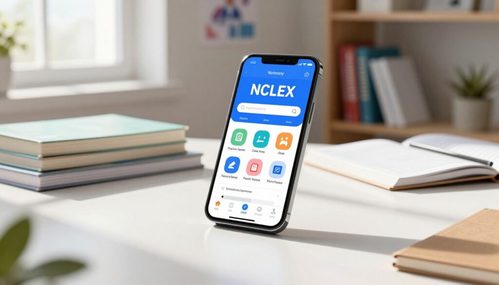 A modern smartphone displaying a dynamic NCLEX study app interface on a bright, sleek desk surrounded by study materials. In the foreground, the smartphone screen glows with colorful icons representing essential features like practice questions, video tutorials, and flashcards. The middle ground features neatly placed textbooks and notepads, showcasing a study environment. Soft natural light filters through a nearby window, casting gentle shadows that create a warm and focused atmosphere. In the background, a cozy space with shelves filled with nursing references and motivational posters adds to the study vibe. The overall mood should be inspiring and intellectually stimulating, inviting the viewer to immerse themselves in effective studying for the NCLEX. A modern smartphone displaying a dynamic NCLEX study app interface on a bright, sleek desk surrounded by study materials. In the foreground, the smartphone screen glows with colorful icons representing essential features like practice questions, video tutorials, and flashcards. The middle ground features neatly placed textbooks and notepads, showcasing a study environment. Soft natural light filters through a nearby window, casting gentle shadows that create a warm and focused atmosphere. In the background, a cozy space with shelves filled with nursing references and motivational posters adds to the study vibe. The overall mood should be inspiring and intellectually stimulating, inviting the viewer to immerse themselves in effective studying for the NCLEX.